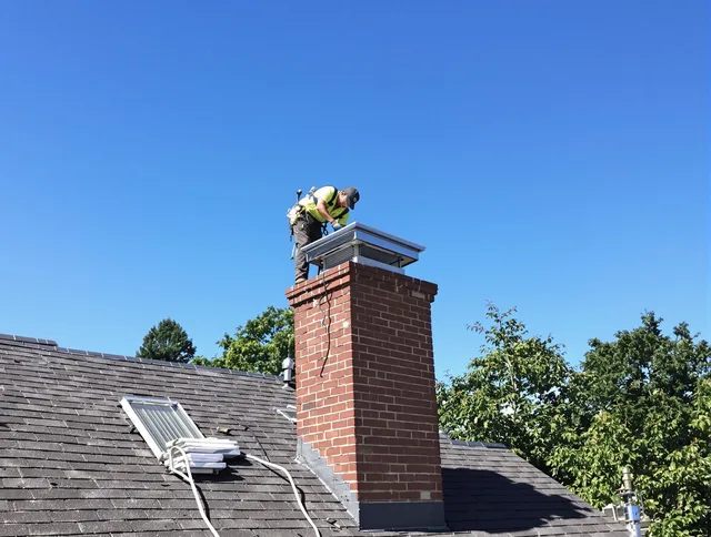 Glastonbury Chimney Sweep technician measuring a chimney cap in Glastonbury, CT